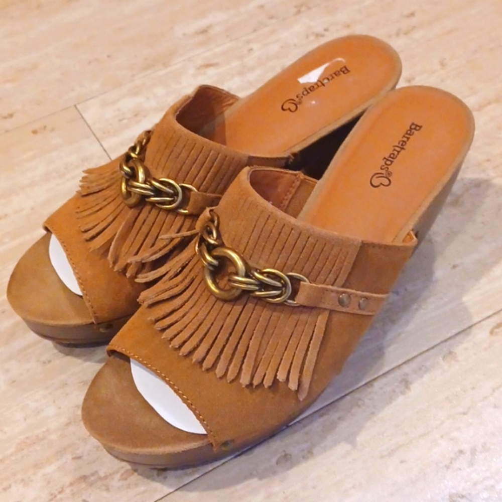 BareTraps Leather Upper 3" Sparrow Fringed Open Toe Clogs